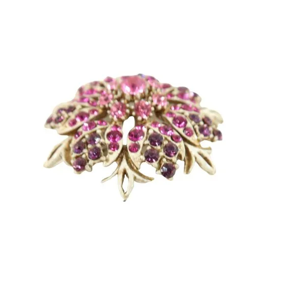 Vintage FLORENZA Pink Rhinestone Gold Tone Antiqued Enamel Flower Brooch - Picture 2 of 5
